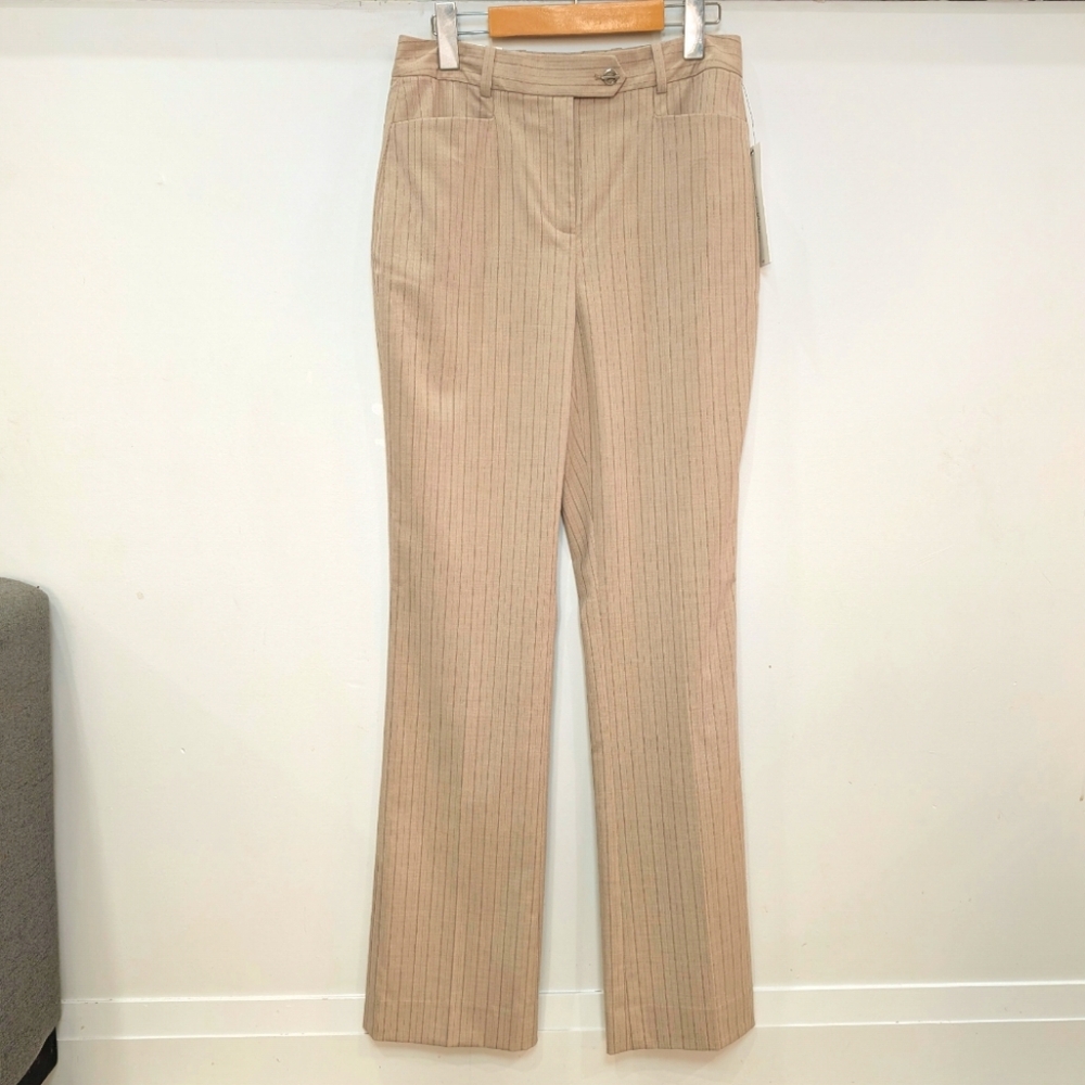 CALVIN KLEIN | Women's Tan/Brown Striped Fitted Tapered Leg Wool Blend Trousers